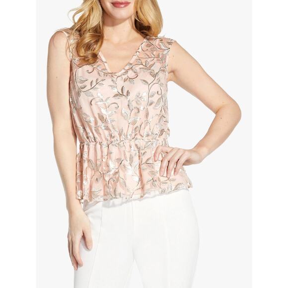 Elegant Pink Floral Embroidered Peplum Top Sleeveless Blouse - Picture 1 of 7
